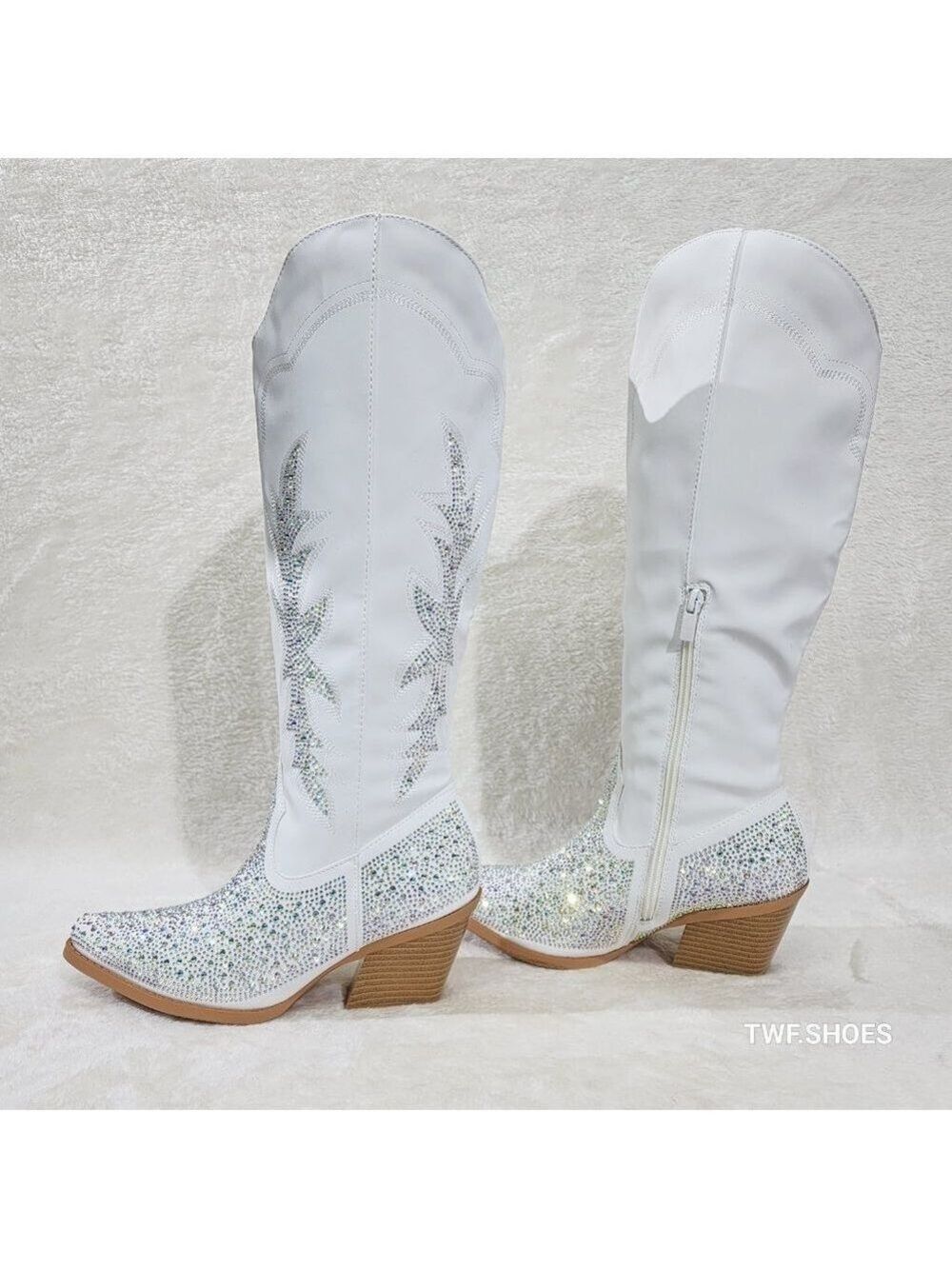 Crystal White Multi Sparkle Rhinestones Country Glam Western Cowgirl Knee Boots